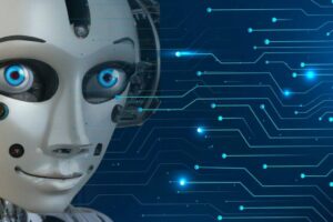 A humanoid robot with blue eyes and a white face is on the left side, displaying a neutral expression. The background features a pattern of interconnected circuit lines and nodes against a dark blue backdrop, symbolizing technology and digital networks.