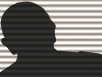 Silhouette of a person against a backdrop of horizontal gray and white stripes. The head is slightly turned to the side, and the shoulders are visible. The image has a shadowy, mysterious look due to the contrast between the dark silhouette and the light background.