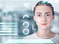 Young woman with brown hair tied back, wearing a white shirt, faces forward. Digital facial recognition overlay surrounds her face, with graphics including world map, bar charts, and circular data indicators in a futuristic, transparent interface. Blurred background.