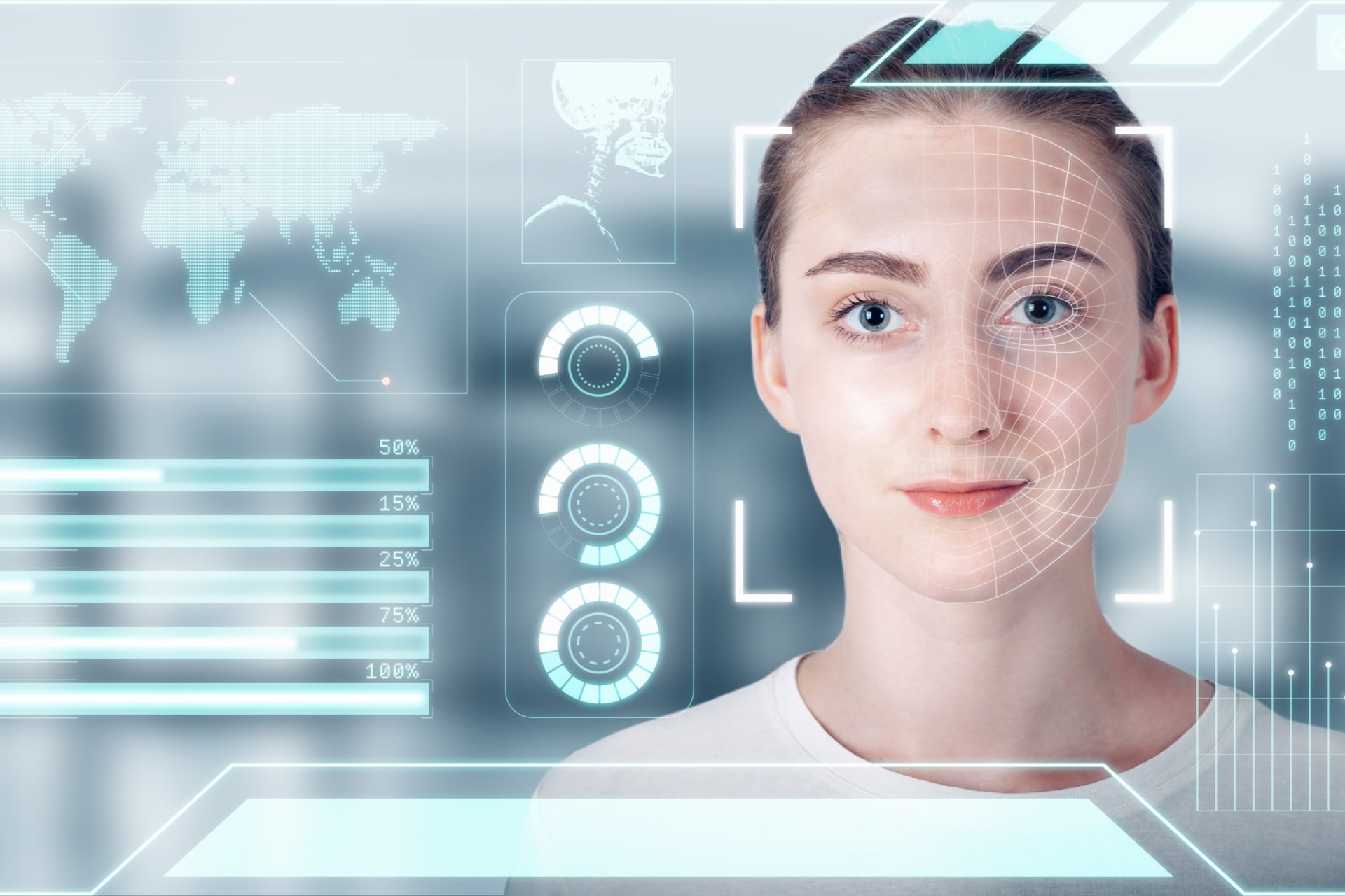 Young woman with brown hair tied back, wearing a white shirt, faces forward. Digital facial recognition overlay surrounds her face, with graphics including world map, bar charts, and circular data indicators in a futuristic, transparent interface. Blurred background.