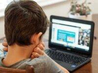 A child with short brown hair is sitting at a wooden table, facing a laptop screen. The screen displays a virtual classroom or online learning platform. The child rests their chin on their hands. A potted plant is in the background on the table.