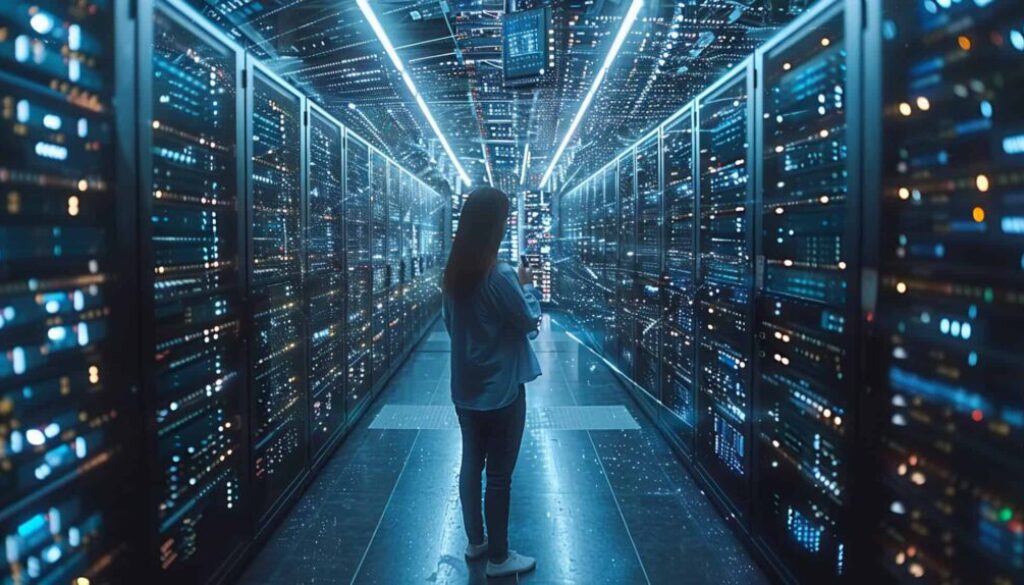 A person stands in a dimly lit, futuristic data center, surrounded by rows of glowing server racks. Blue and white lights illuminate the scene, reflecting off glossy surfaces. The individual is facing away, looking at the servers, creating a high-tech atmosphere.