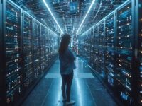 A person stands in a dimly lit, futuristic data center, surrounded by rows of glowing server racks. Blue and white lights illuminate the scene, reflecting off glossy surfaces. The individual is facing away, looking at the servers, creating a high-tech atmosphere.