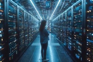 A person stands in a dimly lit, futuristic data center, surrounded by rows of glowing server racks. Blue and white lights illuminate the scene, reflecting off glossy surfaces. The individual is facing away, looking at the servers, creating a high-tech atmosphere.