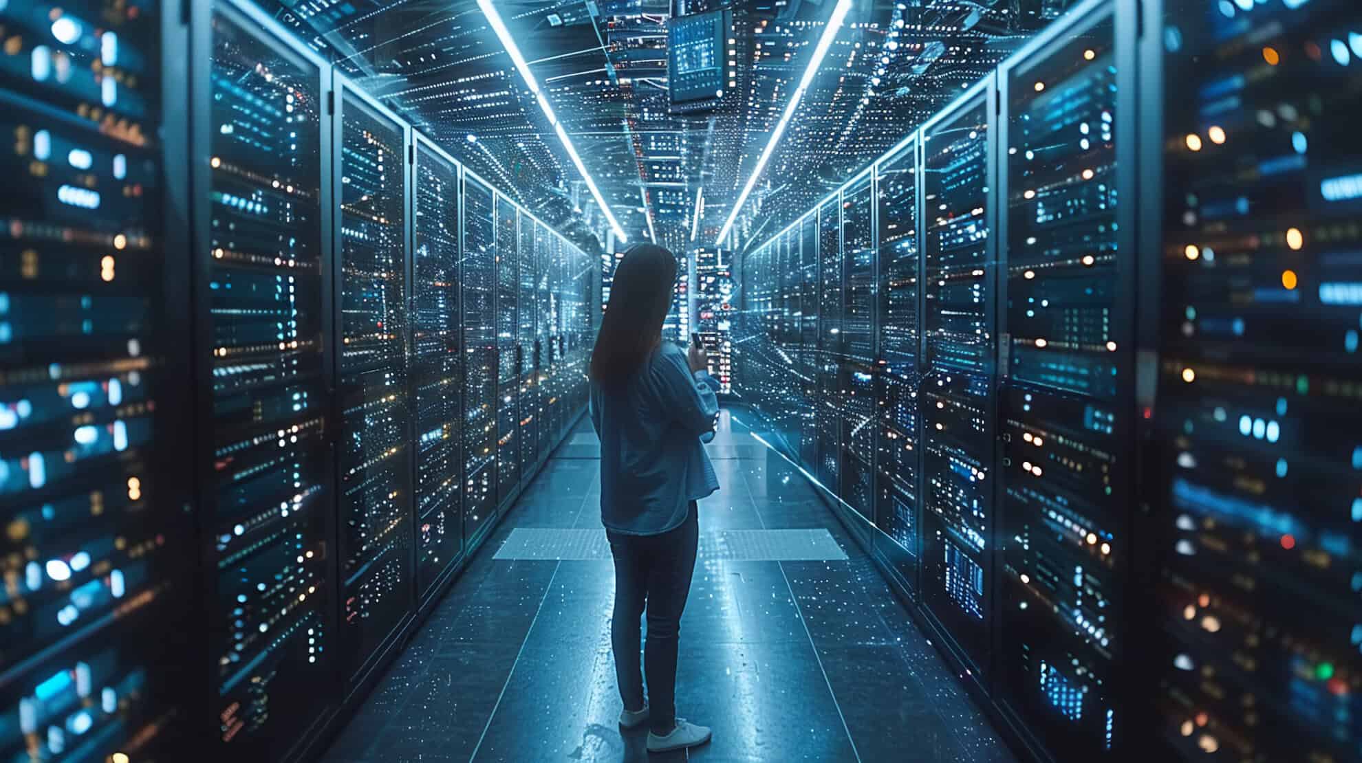 A person stands in a dimly lit, futuristic data center, surrounded by rows of glowing server racks. Blue and white lights illuminate the scene, reflecting off glossy surfaces. The individual is facing away, looking at the servers, creating a high-tech atmosphere.