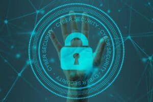 A digital graphic features a hand behind a translucent padlock symbol encircled by the words "Cyber Security" repeated three times. The background consists of a network of interconnected lines and dots on a dark teal backdrop, emphasizing a theme of digital security.