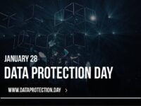 A dimly lit stage with geometric light fixtures and scattered spotlights. Text reads: "January 28, Data Protection Day" and "www.dataprotection.day" in white font. The image has a tech-inspired atmosphere with dark tones.