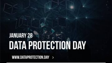 A dimly lit stage with geometric light fixtures and scattered spotlights. Text reads: "January 28, Data Protection Day" and "www.dataprotection.day" in white font. The image has a tech-inspired atmosphere with dark tones.