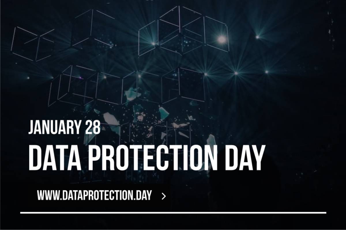 A dimly lit stage with geometric light fixtures and scattered spotlights. Text reads: "January 28, Data Protection Day" and "www.dataprotection.day" in white font. The image has a tech-inspired atmosphere with dark tones.