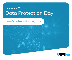 Blue graphic for Data Protection Day on January 28. It includes a call to action link: "www.DataProtection.day" with an arrow icon. Background features a digital network illustration. The GDPRbuzz logo is at the bottom right.