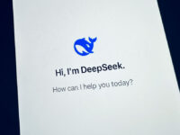 The image displays a smartphone screen with a white background. At the top is a blue logo resembling a whale. Below the logo, the text reads, "Hi, I'm DeepSeek." Further down, a question asks, "How can I help you today?" in gray font.