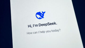 The image displays a smartphone screen with a white background. At the top is a blue logo resembling a whale. Below the logo, the text reads, "Hi, I'm DeepSeek." Further down, a question asks, "How can I help you today?" in gray font.