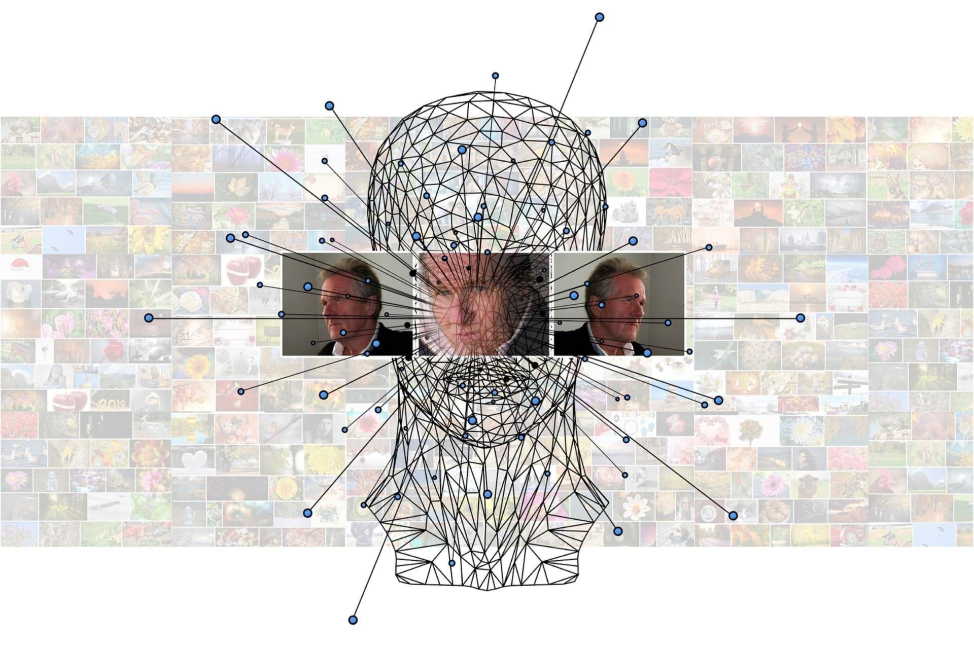 A digital wireframe of a human head is intersected by three photographs placed horizontally, containing faces in profile and front views. The background consists of a collage of various images, with thin lines and dots extending from the head, suggesting connectivity.