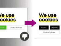 Two panels comparing cookie consent styles. Left shows "Accept" in green and "Cookie Policies" with a thumbs down icon. Right shows "Accept," "Reject all" in black, and "Cookie Policies" with a thumbs up icon, suggesting preference for including a reject option.