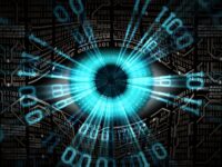 A digital eye formed by radiant blue lines and binary code on a dark background. The eye's iris is a glowing blue circle, with surrounding numeric patterns resembling the structure of an eye. The image conveys a fusion of technology and vision.