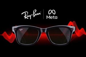 A pair of sleek black Meta RayBan sunglasses with dark lenses is set against a black background. Red, wavy lines frame the sides, while above, the combined logos of Ray-Ban and Meta shine in crisp white.