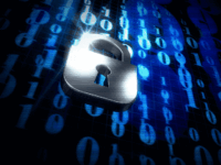 A digital illustration features a silver padlock centered among cascading blue binary code on a black background. The code, consisting of ones and zeros, gives a sense of continuous motion, symbolizing digital security and data protection. The padlock emits a glowing light.