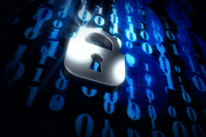 A digital illustration features a silver padlock centered among cascading blue binary code on a black background. The code, consisting of ones and zeros, gives a sense of continuous motion, symbolizing digital security and data protection. The padlock emits a glowing light.